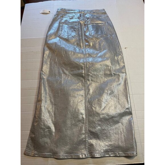 NWT-anthropologie Pilcro Silver Metallic silver Side-Slit Maxi Skirt Size M - Picture 3 of 15
